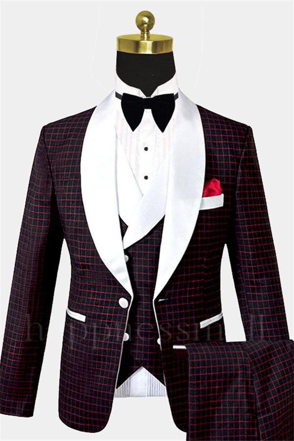 Chic Burgundy Checkered White Lapel Three Pieces Prom Men Suits