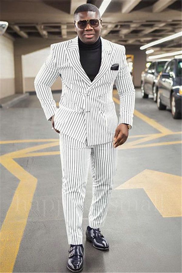 Cruz Popular White Striped Peaked Lapel Formal Business Mens Suit