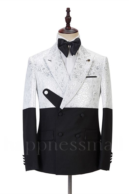 Happnessmall Black and White Jacquard Peaked Lapel Men Suits Online