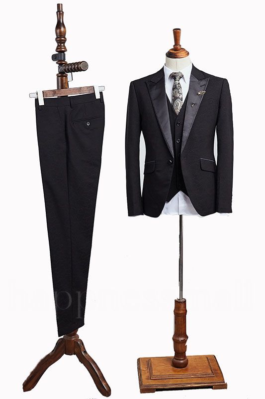 Victoria Stylish All Black 3 Pieces Peaked Lapel Business Suit For Men