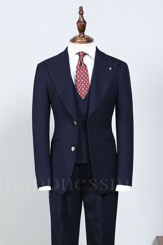Amelia Elegant Navy Blue Three-Pieces Peaked Lapel Bespoke Business Men Suits