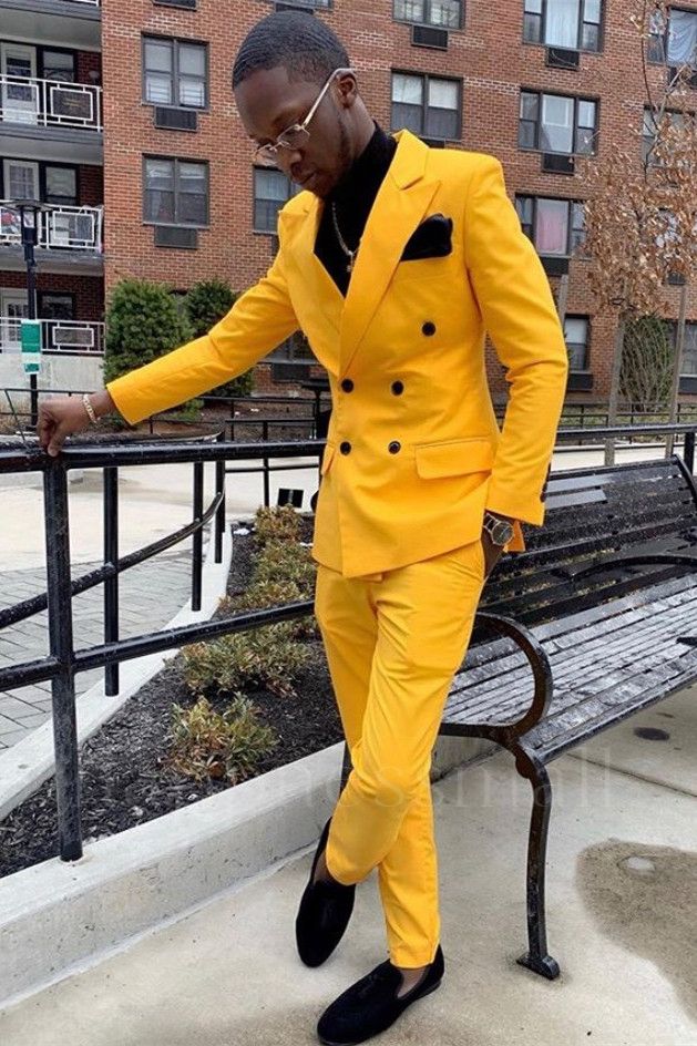 Phoenix Yellow Double Breasted Peaked Lapel Slim Fit Solid Color Men Suits