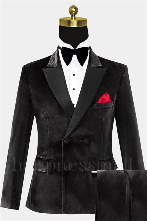 Jaxon Traditional Double Breasted Velvet Tuxedo | Black Peak Lapel Men Suits