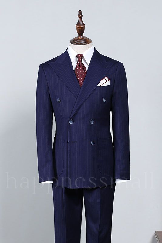 Stylish Navy Blue Striped Double Breasted Slim Fit Custom Business Suit