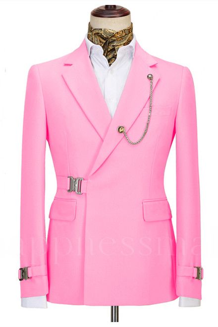 Stylish Pink Slim Fit Notched Lapel Formal Business Men Suits with Buckle