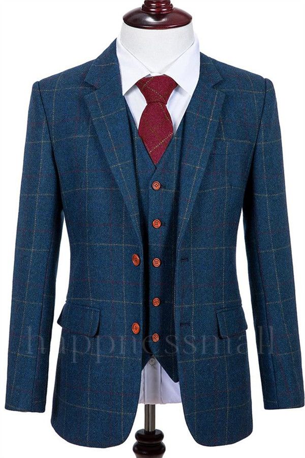 Latest Design Navy Blue Plaid Tweed Tuxedo | 3 Pieces Notched Lapel Men Suits