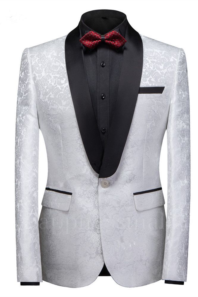 Finnian White Jacquard One Buttons Wedding Men Suits With Black Lapel