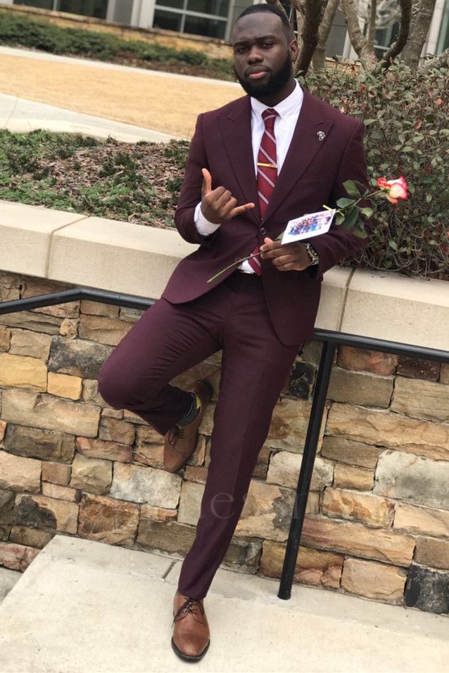 Fashion Dark Burgundy Fashion One Button Peaked Lapel Men Suits | happnessmall