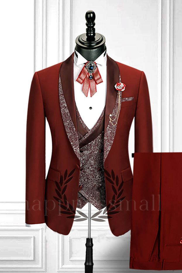 Gorgeous Red 3 Piece Stitching Lapel Stylish Double Breasted Waistcoat Men's Formal Suit