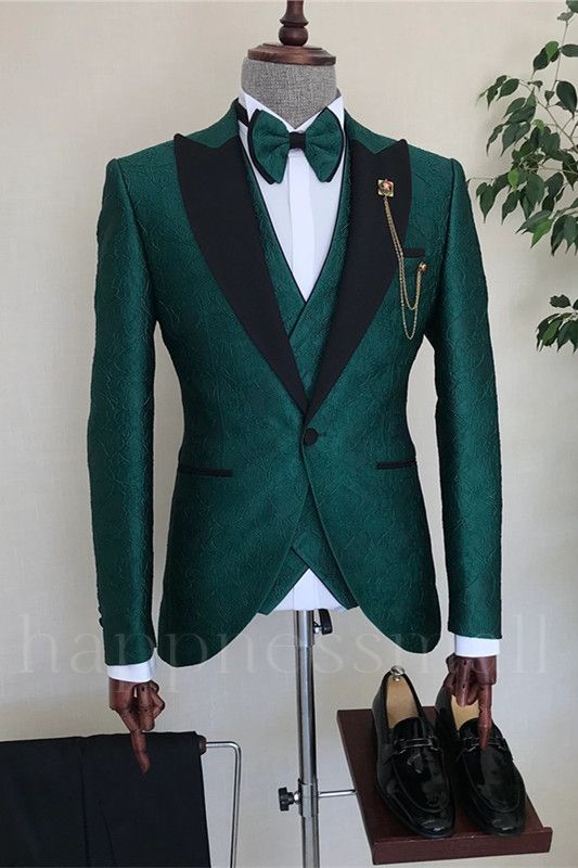 Titos Stylish Dark Green Jacquad Peaked Lapel Three Pieces Men Suit