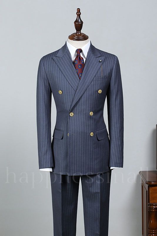 Classical Blue Striped Peaked Lapel Tailored Business Suit