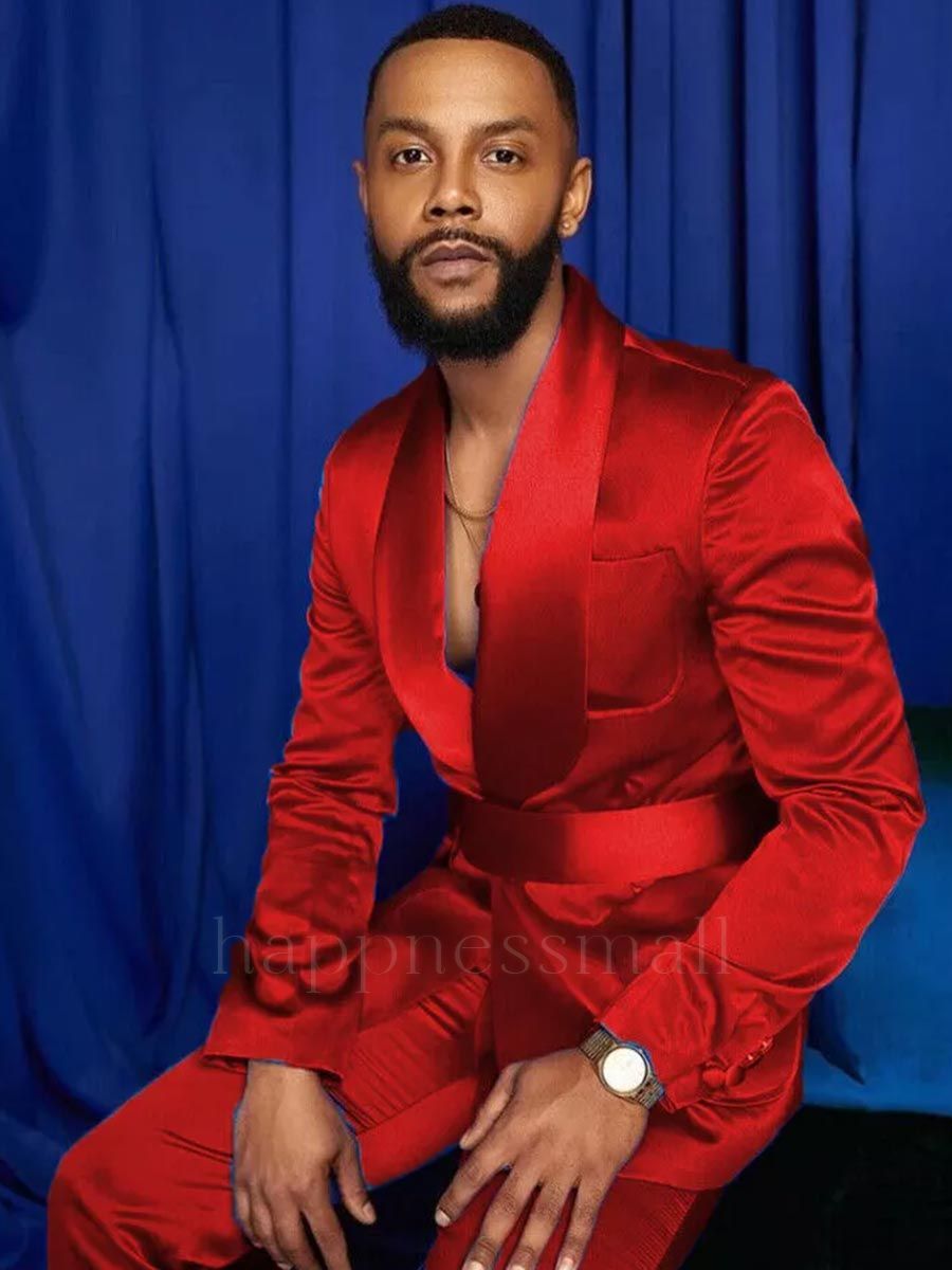 Happnessmall Fashion Red Silk Shawl Lapel 2 Piece Men's Suit With Belt