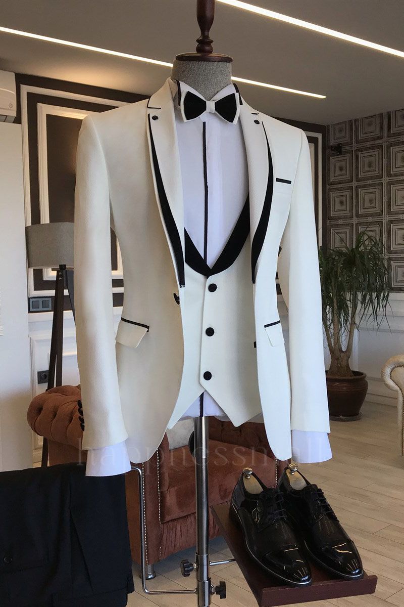 Martina Handsome Black Slim Fit Prom Men Suits With White Notched Lapel