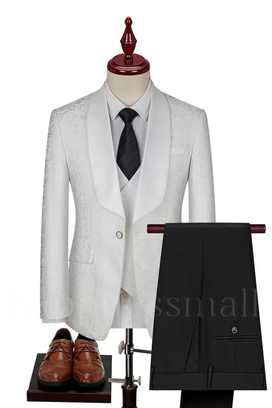 Newest White Jacquard Shawl Lapel Three Pieces Prom Suits | Happnessmall