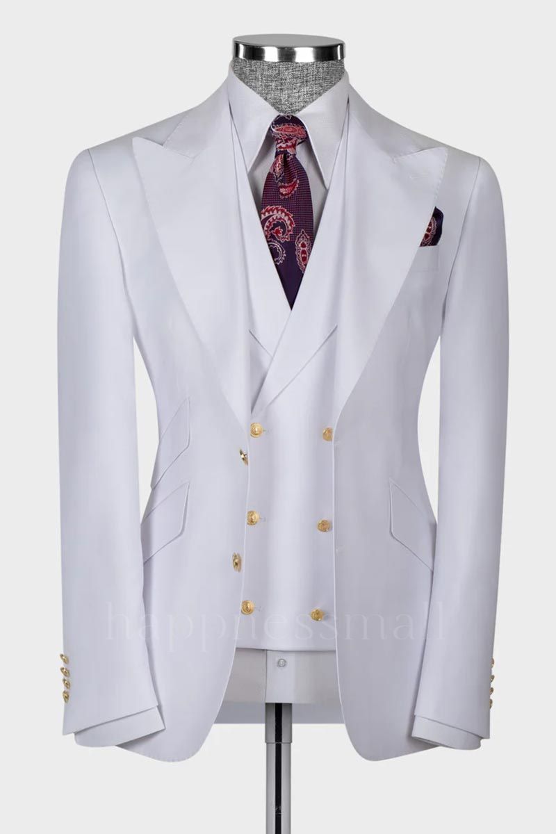 Stylish White 3 Piece Peaked Lapel Slim Fit Men Suits With Classic Vest