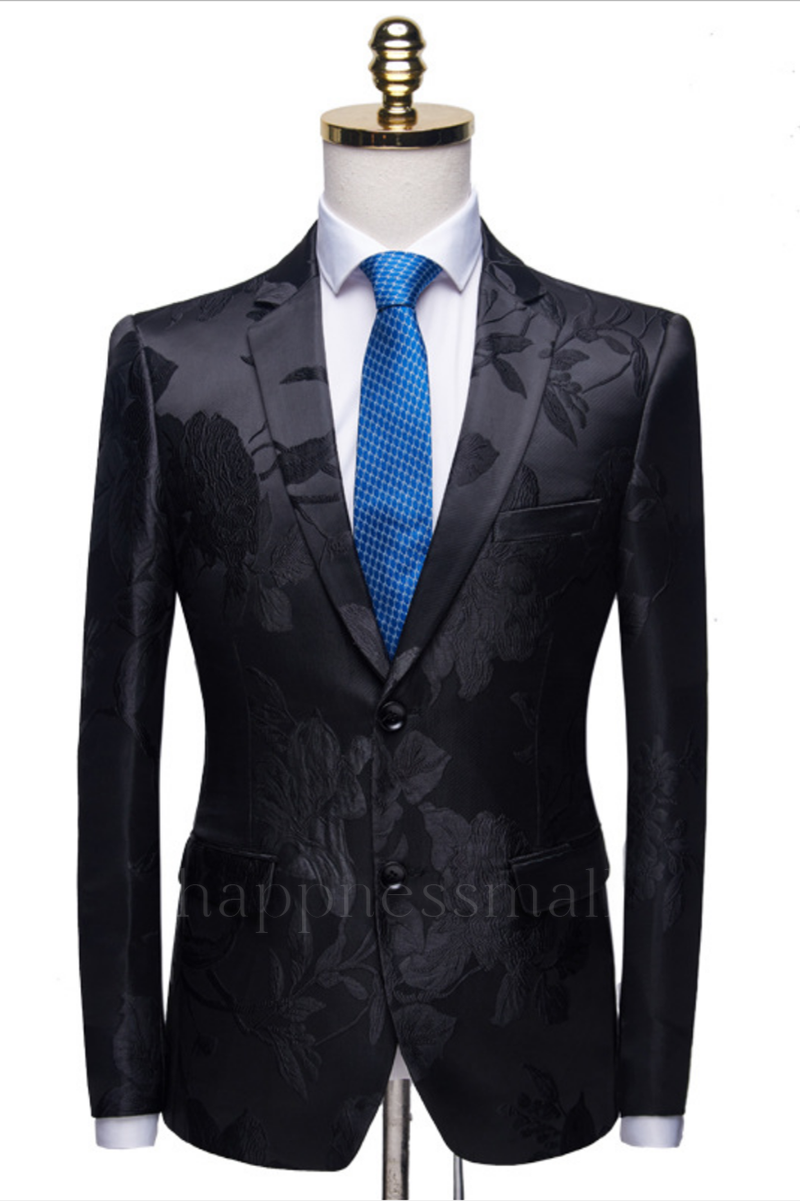 Elegant Shape Notched Lapel Two Buttons Men's Suits | Floral Jacquard Black Wedding Tuxedos