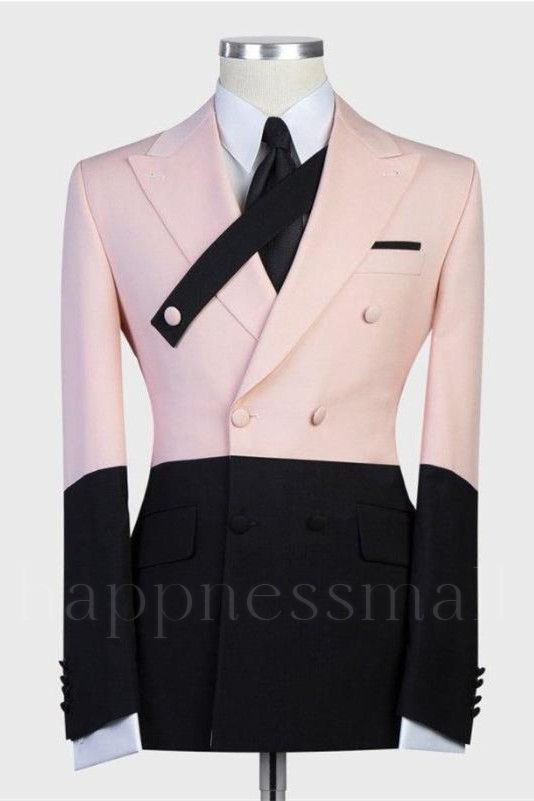 Unique Pink and Black Double Breasted Peaked Lapel Men Suits