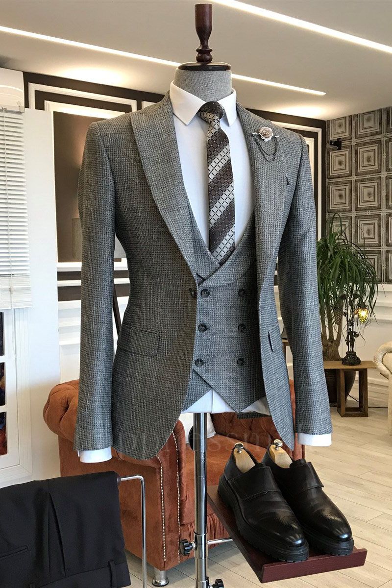Vasilis Dark Gray Small Plaid Peaked Lapel Slim Fit 2 Flaps Business Men Suits