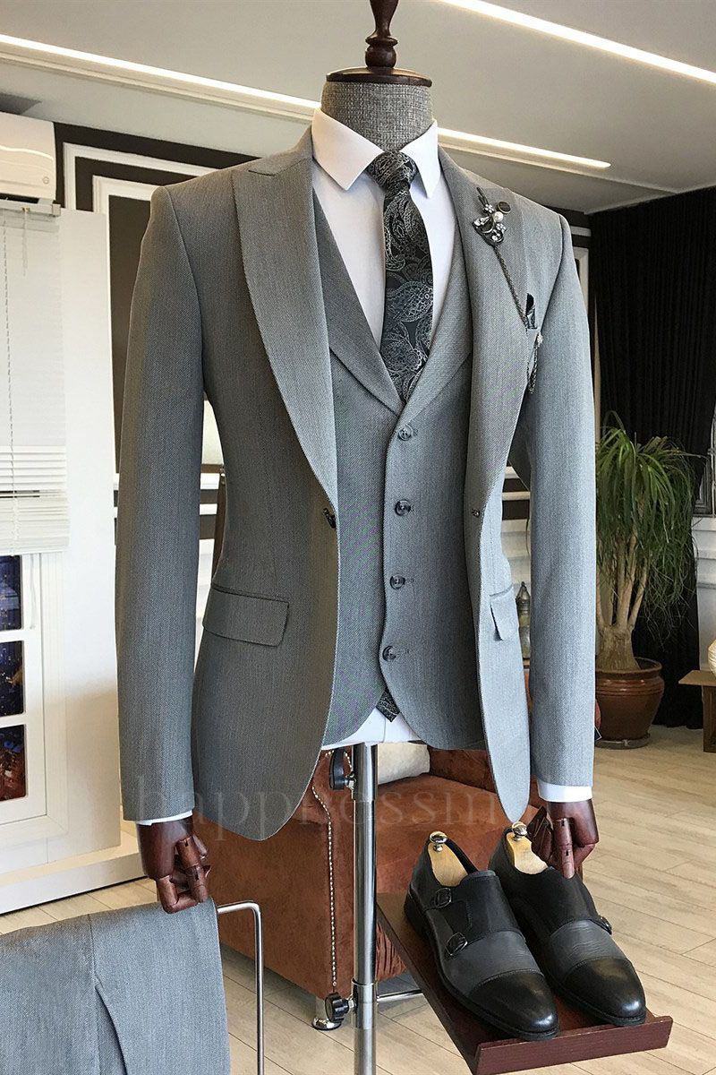 Axel Gentle Gray 3-Pieces Peaked Lapel Formal Business Men Suits