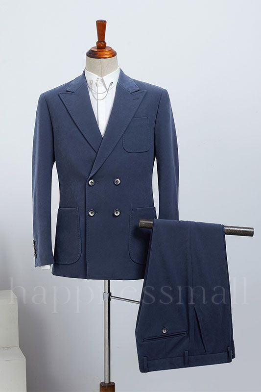 Elijah Modern Blue Peaked Lapel Double Breasted Business Suit For Men
