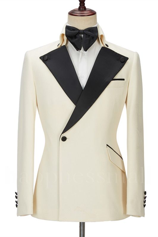 New Arrival Off White Black Silk Peaked Lapel Slim Fit One Button Men Suit