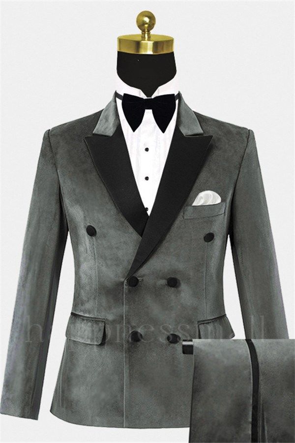 Blaze Trendy Grey Velvet Prom Suits for Men | Double Breasted Men Suits for Sale