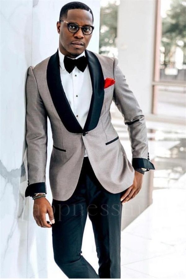 Mia Chic Gray One Button Wedding Groom Mens Suit with Black Lapel