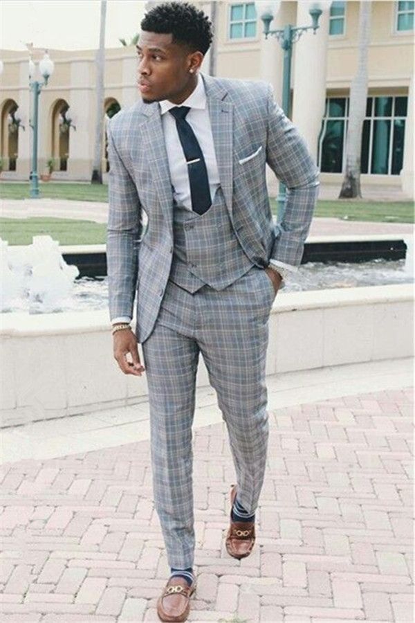 Quinlan Fashion Grid Three-Piece Notch Lapel Slim Fit Prom Suit