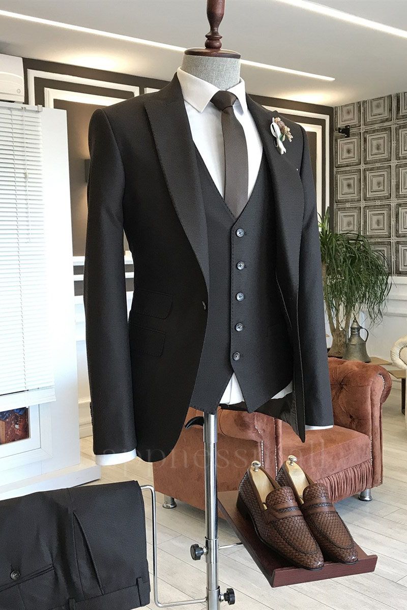 Nicolasia Classic All Black Double Breasted 3-Pieces Men Suits For Business