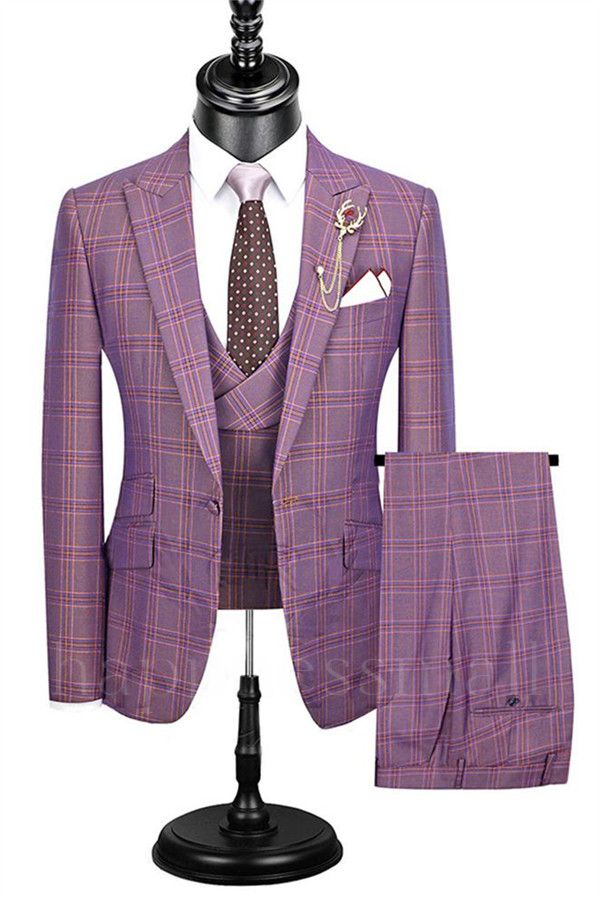 Elegant Shape Slim Fit Dress Suit | 3 Pieces Plaid Checked Prom Tuxedo