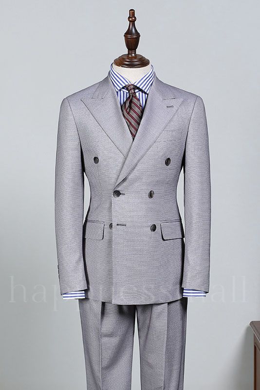 Stylish Light Gray Peaked Lapel Double Breasted Bespoke Business Suit