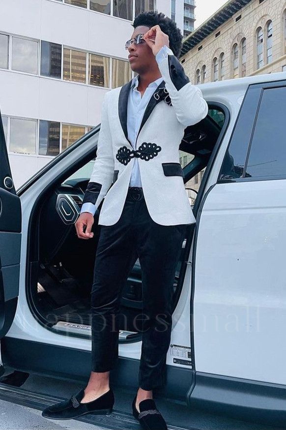 Markos Special Design White Jacquard Knitted Button Shawl Lapel Men Suit