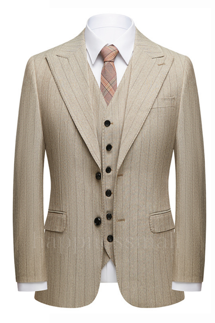 Gentle khaki striped lapel single breasted men's formal business suit