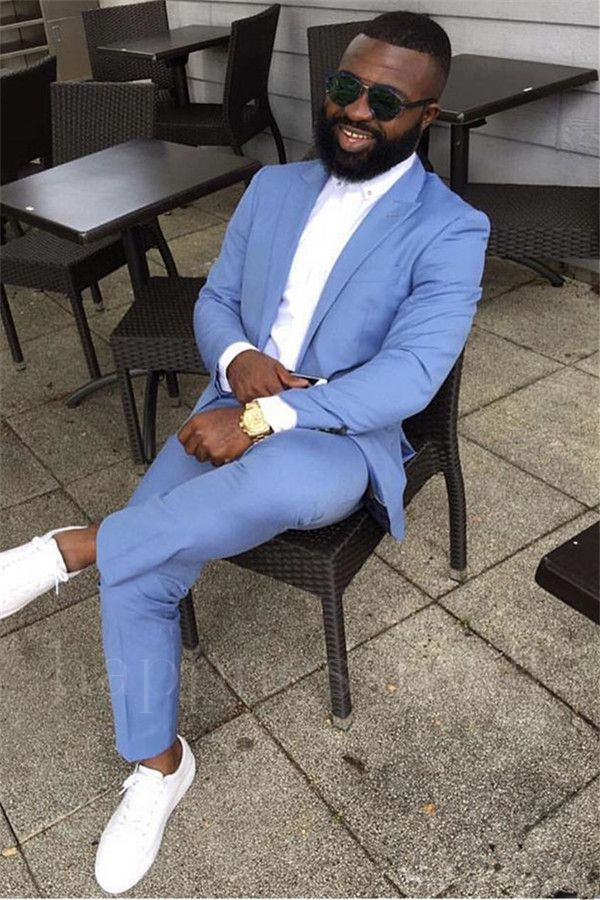 Knox Simple Blue Peaked Lapel Slim Fit Bespoke Men Suits Online