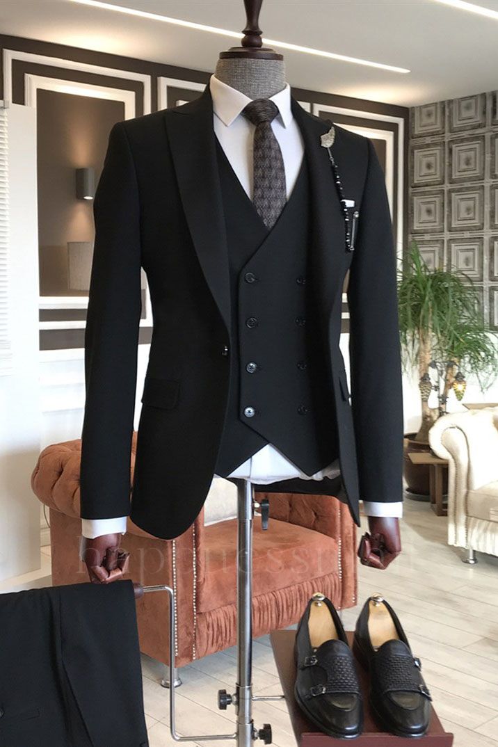 New Arrival Classic Black Peaked Lapel  Slim Fit Men Suits | Happnessmall