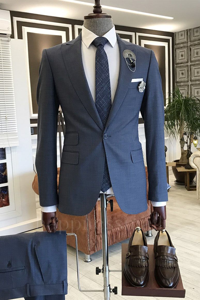 Charlotte Modern Navy Blue Peaked Lapel Slim Fit Men Suits For Business