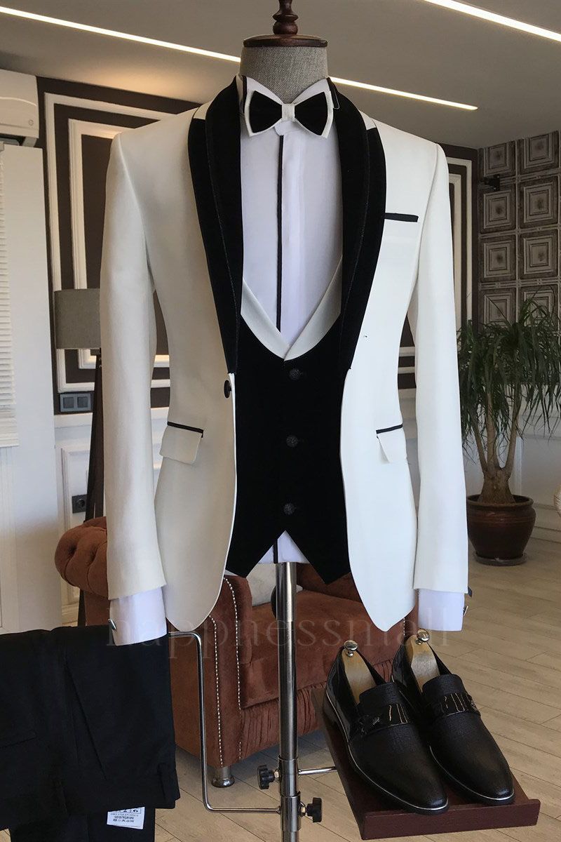 Marian Smart Black Slim Fit Wedding Tuxedos With White Shawl Lapel