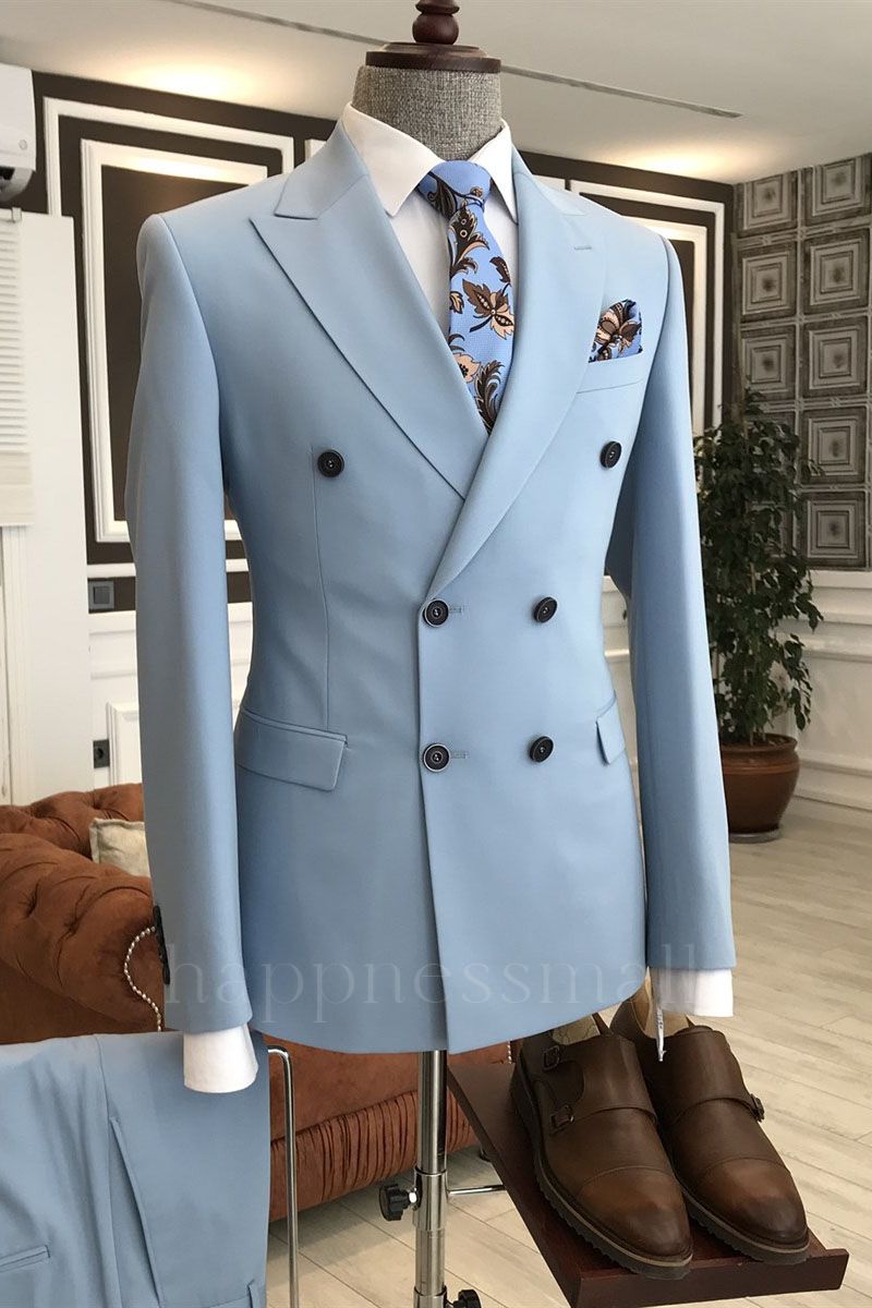 Happnessmall Trendy Blue Peaked Lapel Double Breasted Best Business Suits For Men