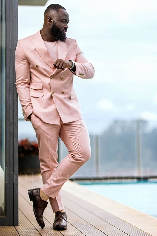 Elegant Pink Double Breasted Peaked Lapel Men Suits for Prom | Happnessmall
