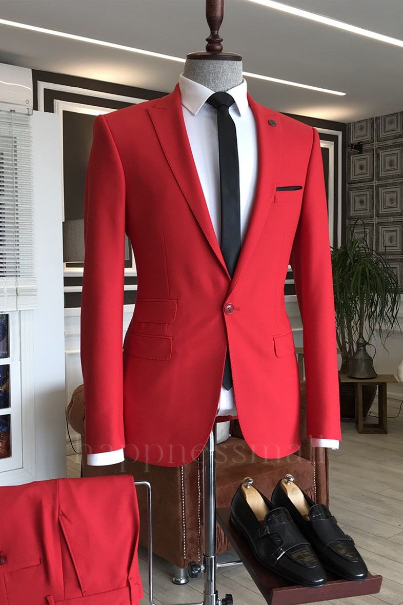 Custome Red Peaked Lapel Slim Fit Bespoke Prom Men Suits | Happnessmall