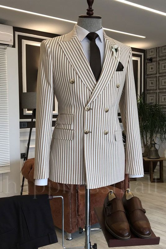 Modern Coffee Striped Double Breasted Peaked Lapel Men's Suit