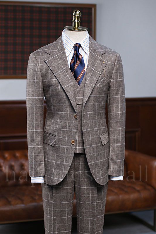 Jocasta Fashion Coffee Plaid 3 Pieces Business Suit For Men