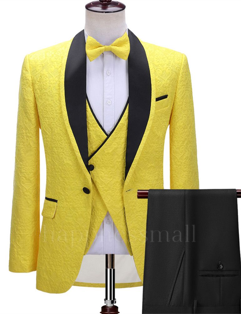 Handsome Yellow Black Lapel One Button Three-Piece Wedding Suit | happnessmall
