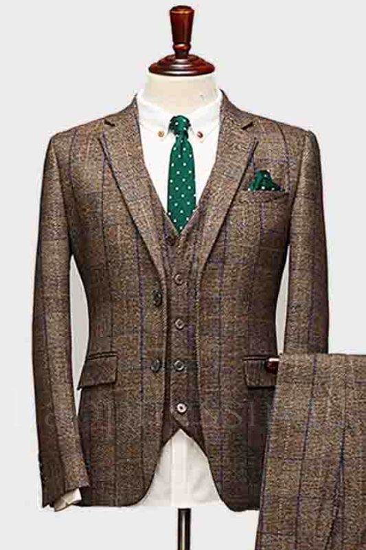 Classical Coffee Plaid Notched Lapel Three Pieces Single Breasted Business Suits