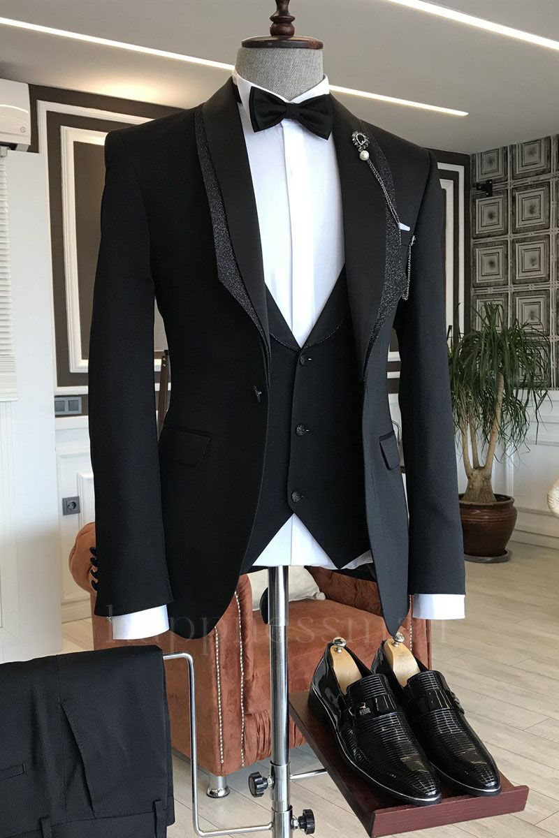 Markos Stylish Black Shawl Lapel One Button 3-pieces Wedding Tuxedos