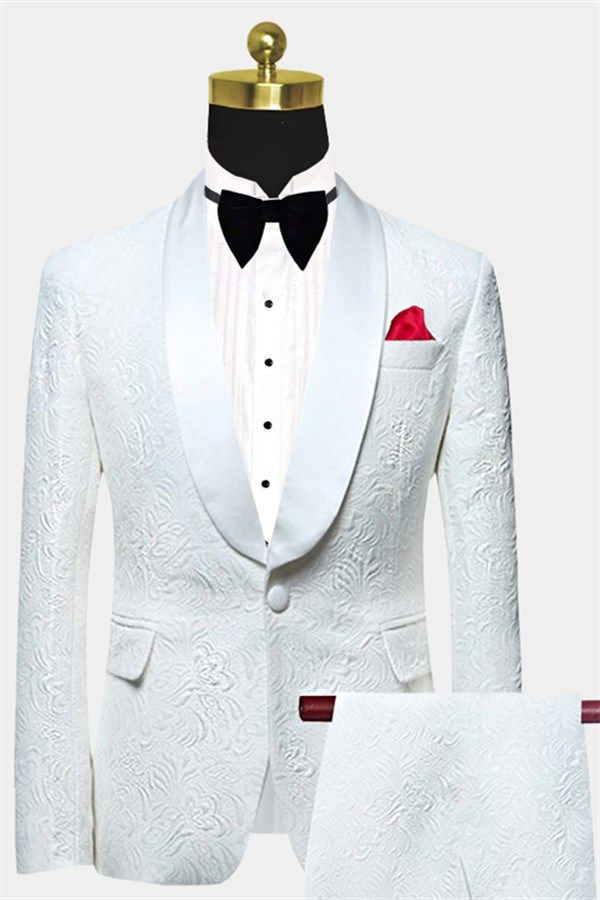 Popular White Jacquard Wedding Men Suits | Elegant Two Piece Shawl Lapel Groom Suits