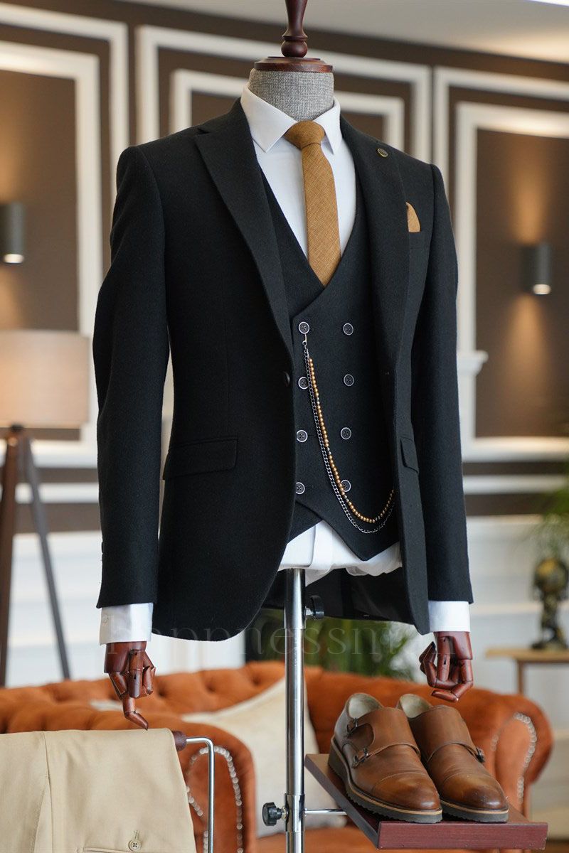 Classical Formal Black 3-Pieces Notched Lapel Best Business Men Suit