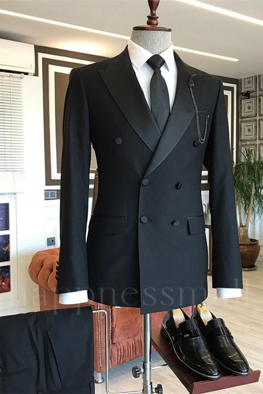 Fashion Black Double Breasted Peaked Lapel Men Suits  | Happnessmall