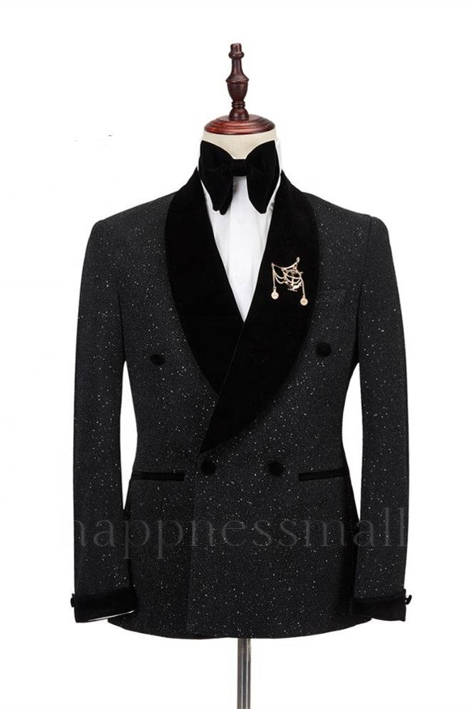 Sparkle Shawl Lapel Double Breasted Black Wedding Suits | Happnessmall