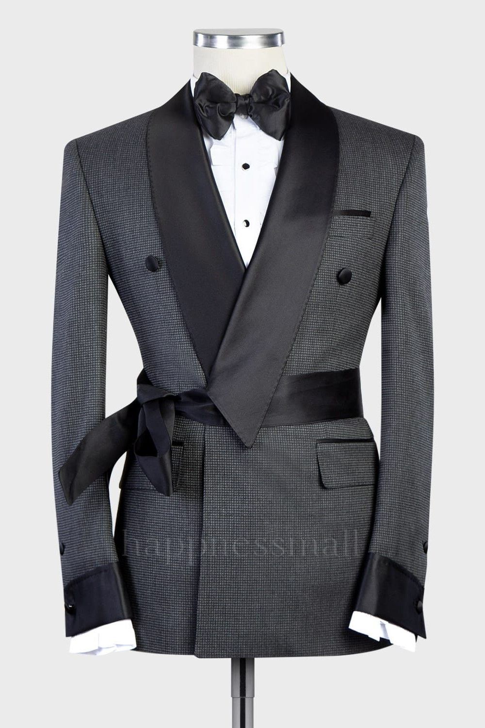 Chic Grey  Black Silk Shawl Lapel Two Pieces Bespoke Men Weddiing Suits | Prom with Belt